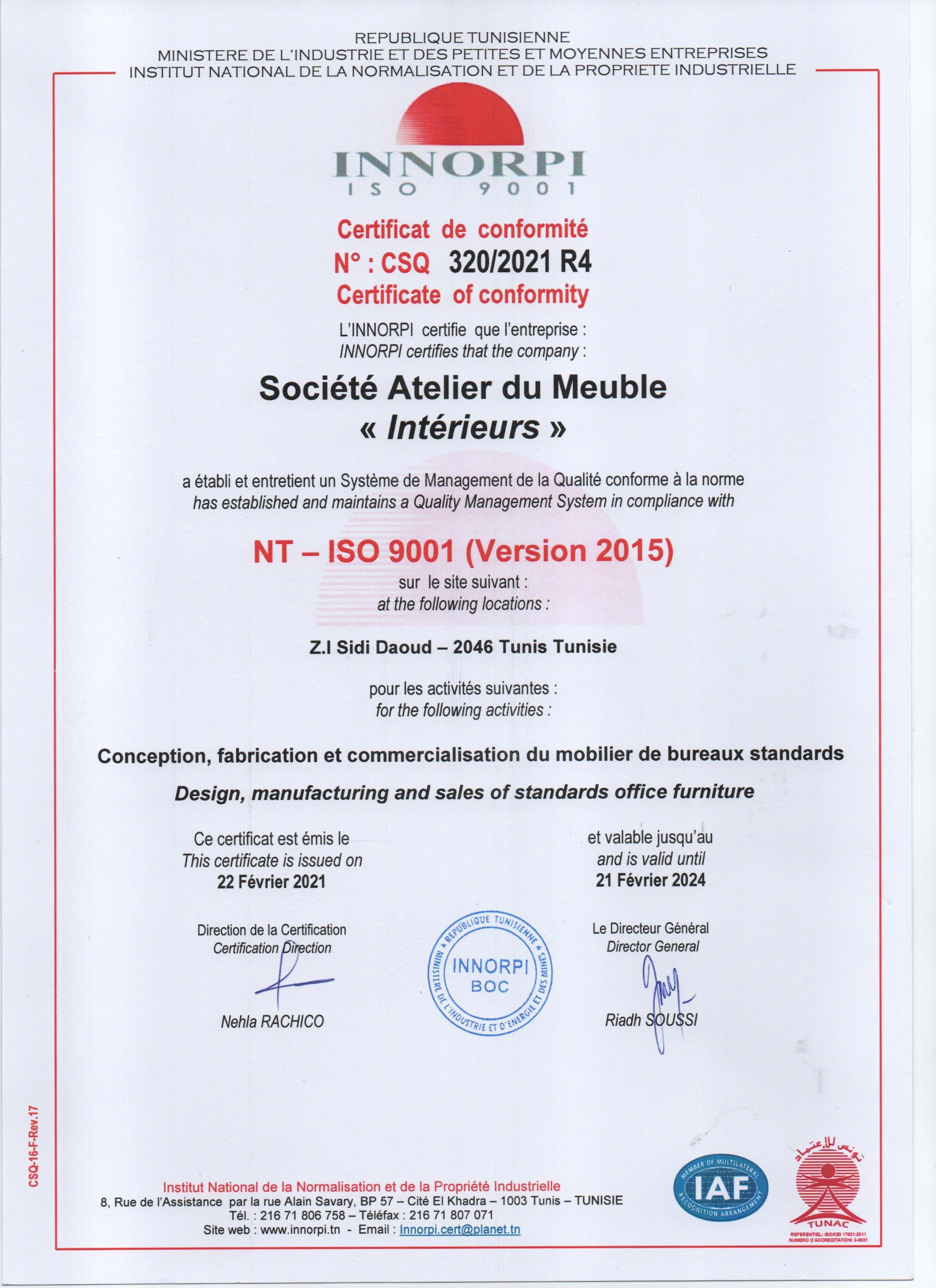 certificat ISO 9001 VER 2015 001